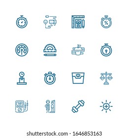Editable 16 measure icons for web and mobile. Set of measure included icons line Balance, Weight, Height, Ammeter, Justice, Scale, Stopclock, Chronometer, Diet on white background