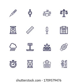 Editable 16 measure icons for web and mobile. Set of measure included icons line Height, Scale, Hourglass, Chronometer, Watch, Mass, Weight, Rain, Gym, Mannequin on white background