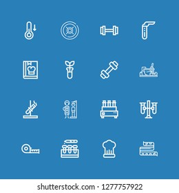Editable 16 measuring icons for web and mobile. Set of measuring included icons line Measuring tape, Cooking, Test tube, Test tubes, Height, Weight, Cook, Temperature on blue background