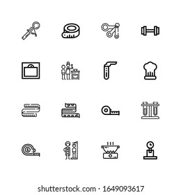 Editable 16 iconos de medida para web y móvil. Conjunto de medidas incluidas íconos línea Peso, Cocina, Altura, Cinta de medida, Tubos de ensayo, Tubo de ensayo, cucharas sobre fondo blanco