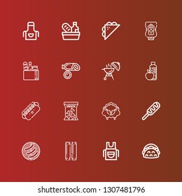 Editable 16 meat icons for web and mobile. Set of meat included icons line Taco, Apron, Sausage, Barbecue, Hot dog, Sheep, Snack, Food, Ketchup, Sandwich on red