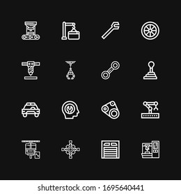 Editable 16 mechanic icons for web and mobile. Set of mechanic included icons line Robot arm, Garage, Cross wrench, Maintenance, Robotic arm, Timing belt, Fixed on black background