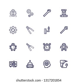 Editable 16 mechanical icons for web and mobile. Set of mechanical included icons line Drill, Fixed, Robot, Worker, Space robot, Alarm clock, Plier, Wrench on white background