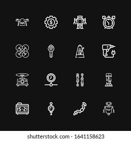 Editable 16 mechanical icons for web and mobile. Set of mechanical included icons line Robot, Ratchet, Steelyard, Alarm clock, Robotics, Piston, Processing on black background