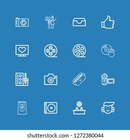 Editable 16 media icons for web and mobile. Set of media included icons line Avatar, News, Dvd, Pack, Camera, Hot dog, Watercolor, Vinyl, Film roll, Film reel on blue background