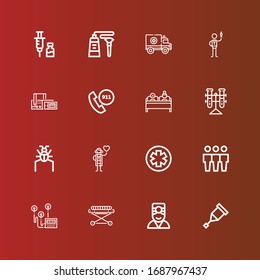 Editable 16 medical icons for web and mobile. Set of medical included icons line Crutch, Doctor, Stretcher, Heart rate, Cloning, Pharmacy, Cardiologist, Parasite, Tubes on red