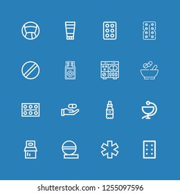 Editable 16 medicament icons for web and mobile. Set of medicament included icons line Pills, Medicine, Medicines, Pill, Antibiotic, Drug, Ointment on blue background