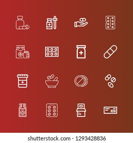 Editable 16 medicament icons for web and mobile. Set of medicament included icons line Medicine, Pills, Contraceptive pills, Drugs, Medicines, Pill, Painkiller, Antibiotic on red