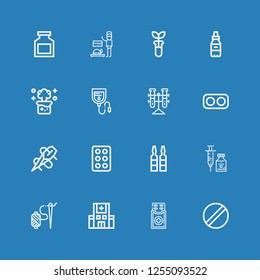 Editable 16 medication icons for web and mobile. Set of medication included icons line Pill, Medicine, Hospital, Needle, Vaccine, Syringe, Drug, Drugs, Tubes on blue background