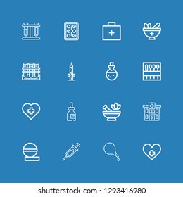 Editable 16 medication icons for web and mobile. Set of medication included icons line Hospital, Enema, Vaccine, Pills, Mortar, Medicine, Needle, Potion, Syringe on blue background