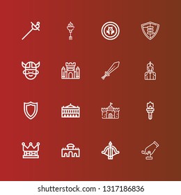 Editable 16 medieval icons for web and mobile. Set of medieval included icons line Cannon, Crossbow, Alcala gate, Crown, Torch, Castle, Palais garnier, Shield, Knight, Sword on red