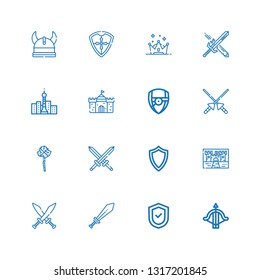 Editable 16 medieval icons for web and mobile. Set of medieval included icons line Crossbow, Shield, Sword, Swords, Castle, Mace, Spears, Arsenal, Tower, Crown on white background