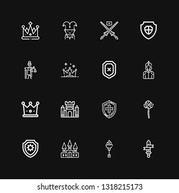 Editable 16 medieval icons for web and mobile. Set of medieval included icons line Sword, Torch, Castle, Shield, Mace, Crown, Knight, Mythology, Lance, Jester on black background