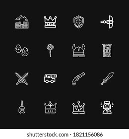 Editable 16 medieval icons for web and mobile. Set of medieval included icons line Queen, Crown, Roman helmet, Sword, Musket, Cannon, Swords, Guillotine, Viking on black background