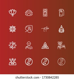 Editable 16 meditation icons for web and mobile. Set of meditation included icons line Yin yang, Yoga, Massage, Chakra, Monk, Taoism, Buddha, Om, Relax, Lotus on red