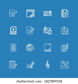 Iconos editables de 16 memos para web y móvil. El conjunto de notas incluía iconos línea Nota, Escritura, Notas, Nota pegajosa, Informe médico, Escribir sobre fondo azul