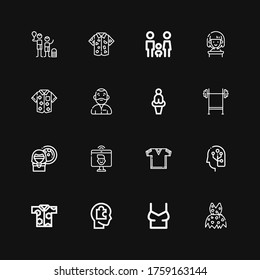 Editable 16 men icons for web and mobile. Set of men included icons line Clothing, Shirt, Head, Human, Tshirt, Videocall, Woman, Bench press, Venus, Man, Family on black background