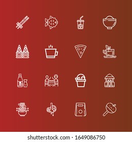 Editable 16 menu icons for web and mobile. Set of menu included icons line Caramelized apple, Take away, Butcher, Noodle, Bar, Fish, Restaurant, Sake, Tea, Pizza, Coffee on red