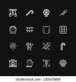 Editable 16 merry icons for web and mobile. Set of merry included icons line Ferris wheel, Fireworks, Mitten, Fireplace, Candy cane, Christmas party, Cracker on black background
