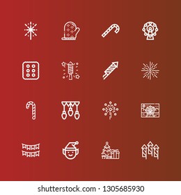 Editable 16 merry icons for web and mobile. Set of merry included icons line Fireworks, Christmas tree, Elf, Garlands, Ferris wheel, Candy cane, Firework, Cracker, Mitten on red