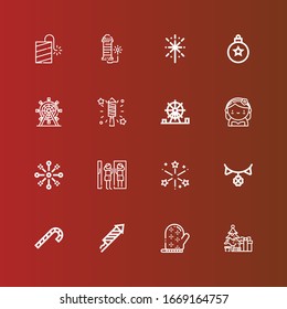 Editable 16 merry icons for web and mobile. Set of merry included icons line Christmas tree, Mitten, Fireworks, Candy cane, Garland, Amusement park, Bride, Ferris wheel on red