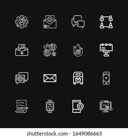 Editable 16 message icons for web and mobile. Set of message included icons line Web, Smartphone, Smartwatch, List, Mailbox, Mail, Chat, Billboard, Trending topic on black background