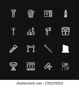 Editable 16 metal icons for web and mobile. Set of metal included icons line Nail clippers, Knife, Locker, Trophy, Magnetic, Metal detector, Tongs, Fridge on black background