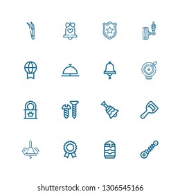 Editable 16 metallic icons for web and mobile. Set of metallic included icons line Suspension, Beer can, Prize, Bell, Bottle opener, Screw, Tinned food, Police badge on white background