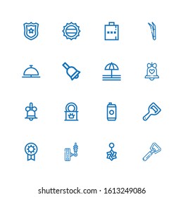 Editable 16 metallic icons for web and mobile. Set of metallic included icons line Bottle opener, Belly piercing, Suspension, Prize, Energy drink, Tinned food on white background