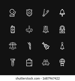 Editable 16 iconos metálicos para web y móvil. Conjunto de íconos metálicos incluidos línea de íconos Premio, Campanas, matorral de cadera, Tornillo, Campana, Tweezers, Comida estampada, Bebé de energía en fondo negro