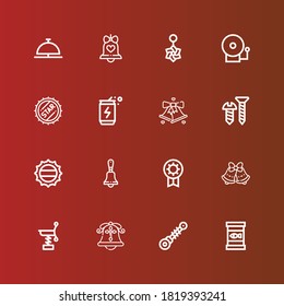 Editable 16 metallic icons for web and mobile. Set of metallic included icons line Canned food, Suspension, Bell, Spring, Bells, Prize, Bottle cap, Screw, Energy drink on red