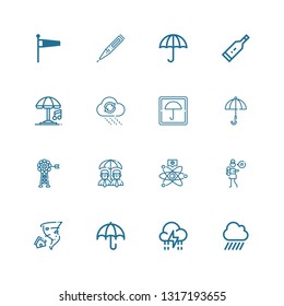 Editable 16 Meteorology Icons For Web And Mobile. Set Of Meteorology Included Icons Line Rain, Storm, Umbrella, Tornado, Lullaby, Cold Fusion, Vane, Thermometer On White Background