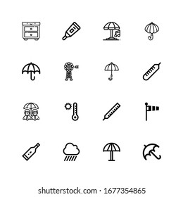 Bearbeitbare 16 Meteorologie-Symbole für Web und Mobile. Reihe von Meteorologie inbegriffen Symbole Linie Umbrella, Regen, Thermometer, Windsock, Temperatur, Vane, Nacht auf weißem Hintergrund