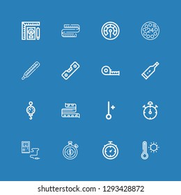 Editable 16 meter icons for web and mobile. Set of meter included icons line Thermometer, Stopwatch, Stop watch, Measuring tape, Steelyard, Level, Dial, Ruler on blue background