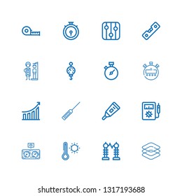 Editable 16 meter icons for web and mobile. Set of meter included icons line Dimensions, Electricity, Thermometer, Pressure, Voltmeter, Performance, Stopwatch on white background
