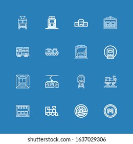 Editable 16 metro icons for web and mobile. Set of metro included icons line Metro, Train, Subway, Tram, Railway, Train station on blue background