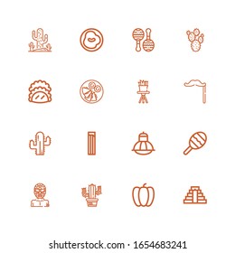 Editable 16 mexican icons for web and mobile. Set of mexican included icons line Chichen Itza, Pepper, Cactus, Wrestler, Maraca, Terrarium, Churros, Mustache on white background