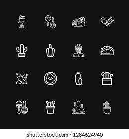 Editable 16 mexico icons for web and mobile. Set of mexico included icons line Cactus, Maracas, Chili, Taco, Wrestler, Pepper, Burrito, Maraca on black background