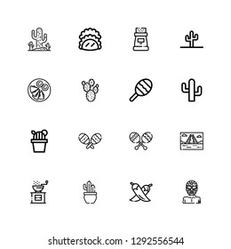 Editable 16 mexico icons for web and mobile. Set of mexico included icons line Wrestler, Chili, Cactus, Pepper, Mayan pyramid, Maracas, Maraca, Prickly pear on white background