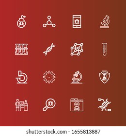 Editable 16 iconos de microbiología para web y móvil. Conjunto de microbiología incluido iconos línea Adn, virus, nanotecnología, microscopio, plaqueta, laboratorio, células, genética, muestra de sangre en rojo