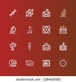 Editable 16 microscope icons for web and mobile. Set of microscope included icons line Platelet, Momentum, Pharmacy, Fossil, School, Lab, Chemistry, Physics, Microscope on red