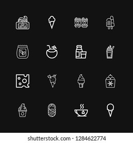 Editable 16 milk icons for web and mobile. Set of milk included icons line Ice cream, Tea, Baby, Frozen yogurt, Cheese, Milkshake, Diary product, Coconut, Seed bag on black background