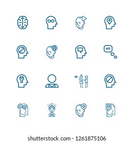 Editable 16 mind icons for web and mobile. Set of mind included icons line Memorize, Mind, Artificial intelligence, Thinking, Distraction, Psychologist, Brain on white background