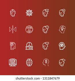 Editable 16 mind icons for web and mobile. Set of mind included icons line Mind, Think, Brain, Artificial intelligence, Memorize, Imagination, Transhumanism, Reflect, Chakra on red