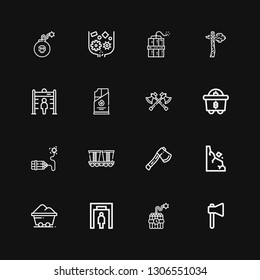 Editable 16 mine icons for web and mobile. Set of mine included icons line Axe, Dynamite, Metal detector, Coal, Rocks, Mine, Mining, Axes, Crusher on black background