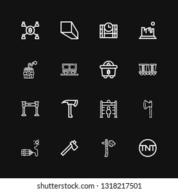 Editable 16 mine icons for web and mobile. Set of mine included icons line Tnt, Axe, Dynamite, Metal detector, Mine, Mining, Rock, Dinamite, Minerals on black background