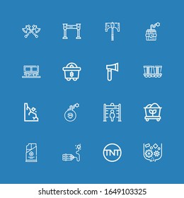 Editable 16 iconos de minas para web y móvil. Conjunto de íconos incluidos línea Cruzado, Tnt, Dinamita, Carbón, Detector Metálico, Rocas, Mina, Eje, Minería, Ejes sobre fondo azul
