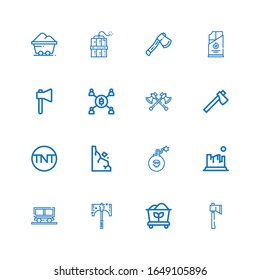 Editable 16 iconos de minas para web y móvil. Conjunto de íconos incluidos línea Ax, Carbón, Mina, Roca, Dinamita, Rocas, Tnt, Ejes, Minería sobre fondo blanco