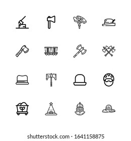 Editable 16 miner icons for web and mobile. Set of miner included icons line Hat, Helmet, Coal, Axe, Axes, Mine on white background
