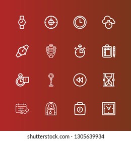 Editable 16 minute icons for web and mobile. Set of minute included icons line Clocks, Clock, Schedule, Hourglass, Backward, Stopclock, Stop watch, Stopwatch, Watch, Chronometer on red